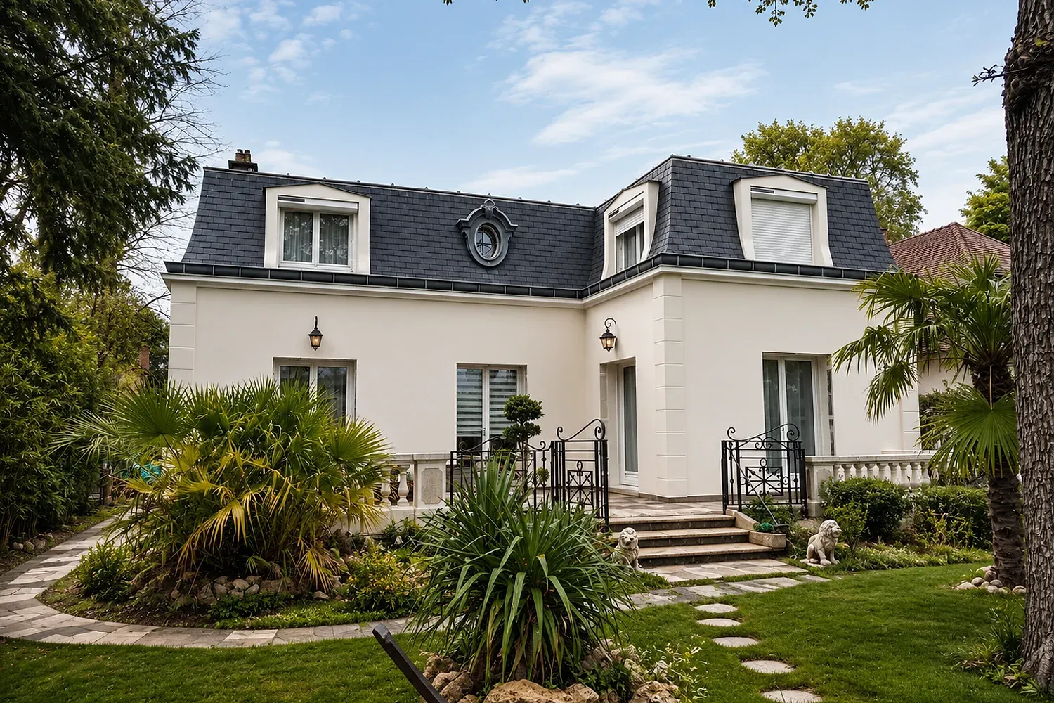 La même villa après intervention : façade crème ravalée et toiture en ardoise refaite